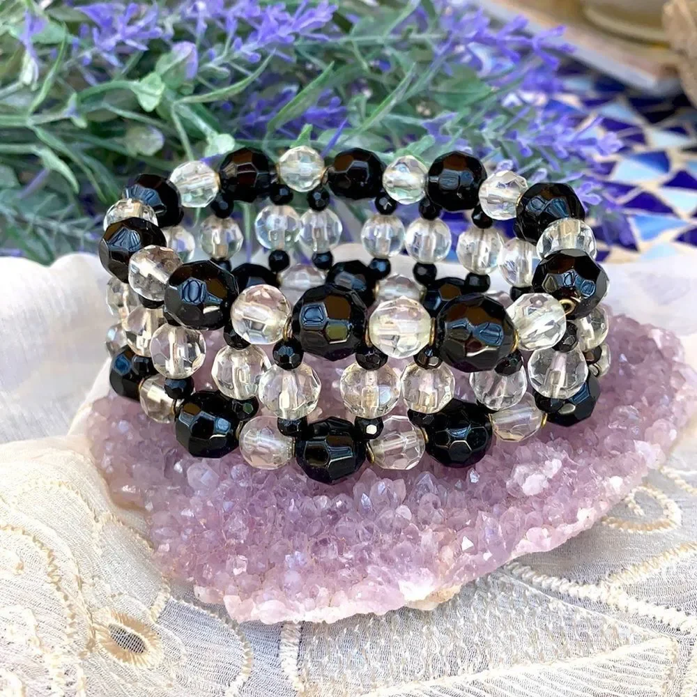 Vintage Black & Clear Lucite Beaded Stretch Bracelet